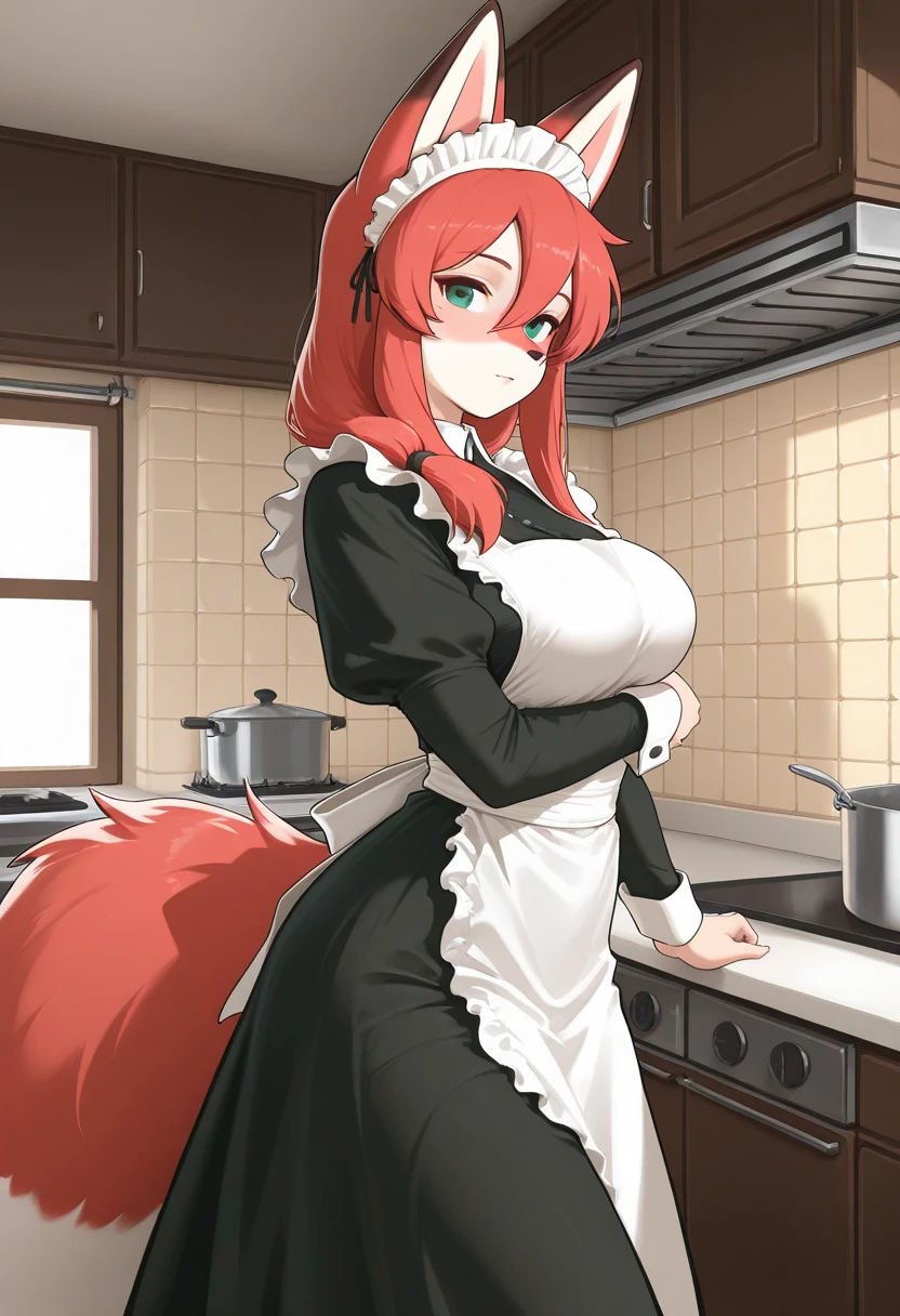 masterpiece, best quality, firefox-chan, naked_apron, blushing, furrowed brow, kitchen, (Large_breasts:1.5), <lora:firefox-nvwls-v1:0.8>