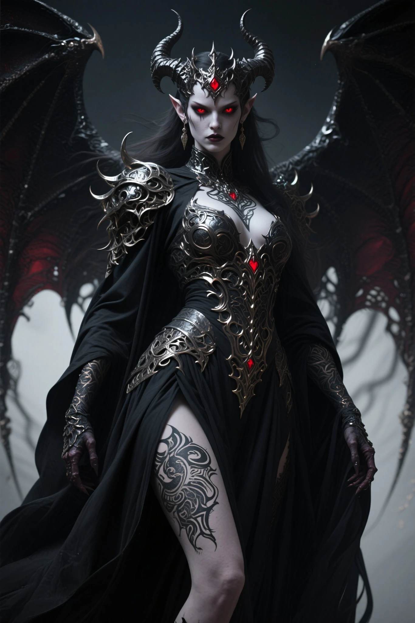 arafed woman in a black dress with wings and a crown, beautiful elegant demon queen, dark fantasy style art, beautiful succubus, in style of dark fantasy art, dark fantasy art, succubus | medieval, gothic fantasy art, dark fantasy style, elegant cinematic fantasy art, fantasy art behance, villainess has black angel wings, fantasy dark art