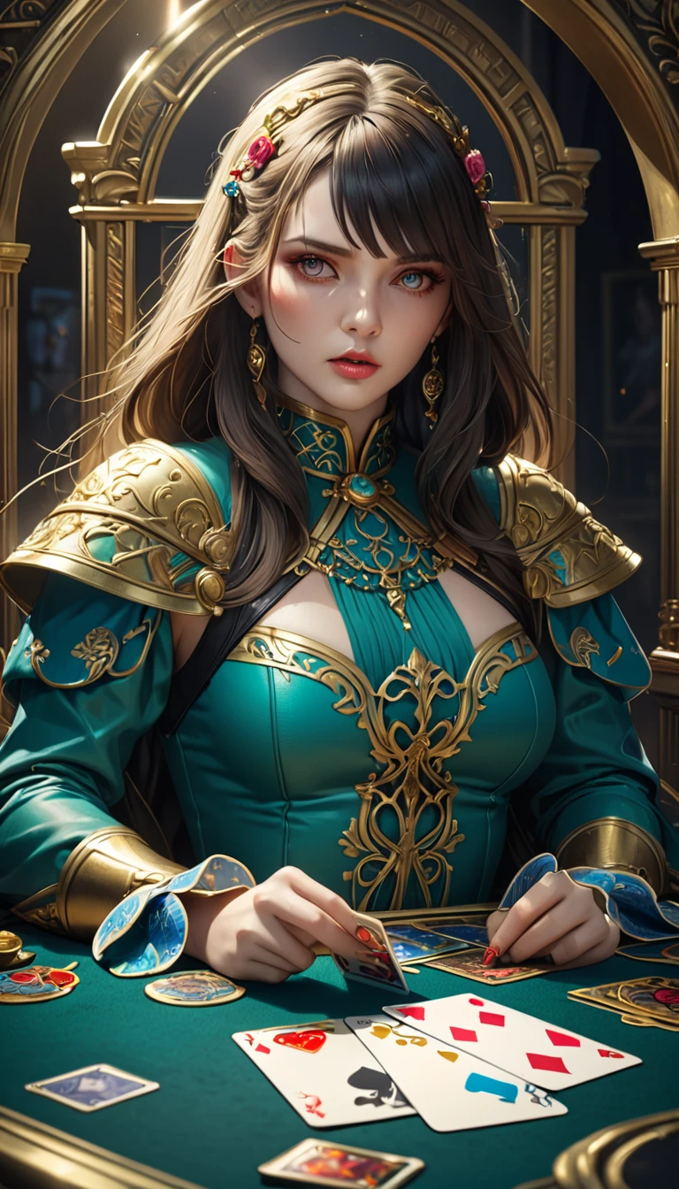 upper view brunette woman sitting in extremely detailed illustration lookig up by Eva Widermann, detailed body anatomically correct, ultradetailed face, black pupil, ultra detailed battleground background, complementary colors, fantasy concept art, 8k resolution, league of legends digital art, oil painting, soft tetrad colors, well done color gradient, full head, lovely illustration, showing full head, keep proportions, best quality,