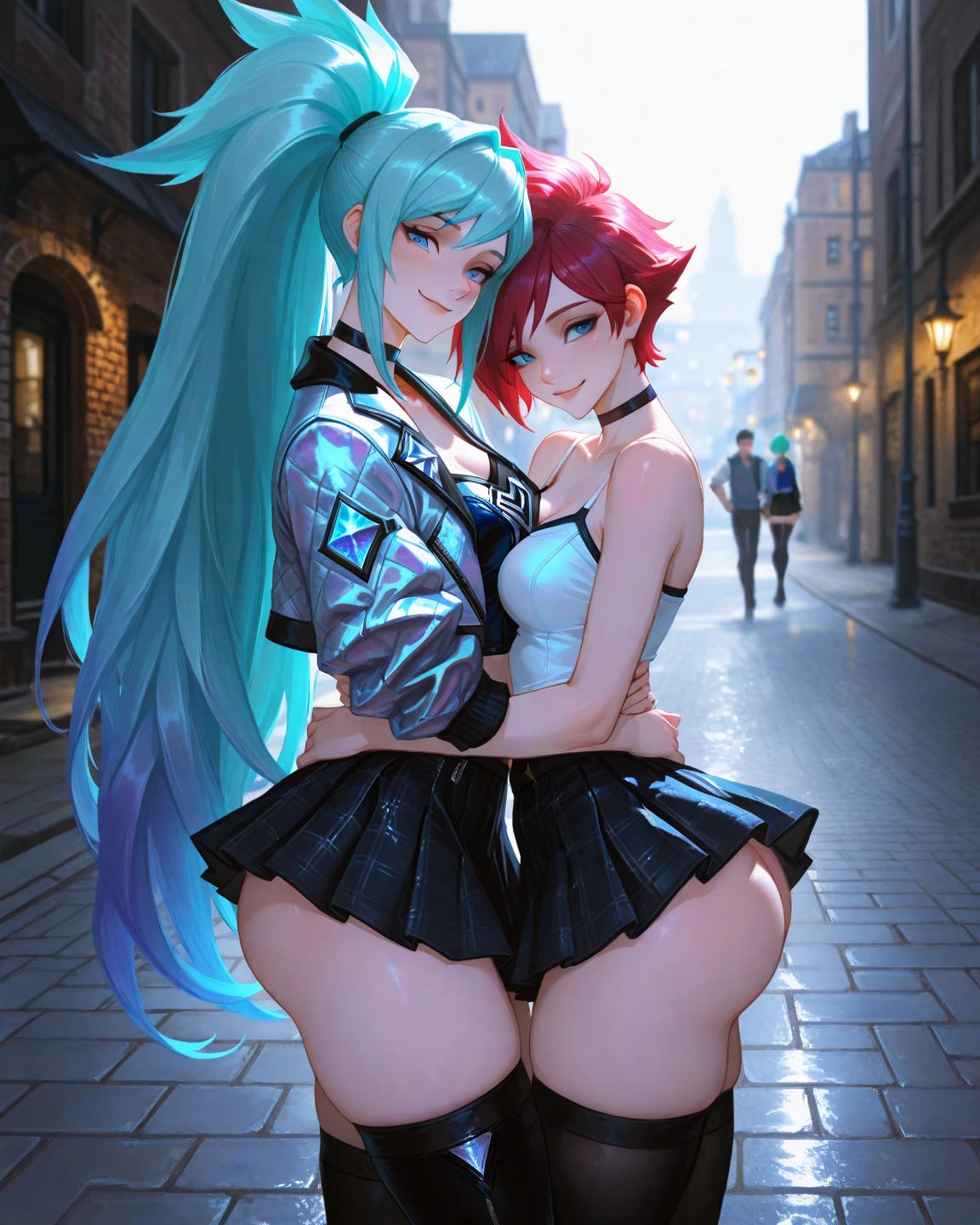 2 women,  Erza Scarlet and Lucy Heartfilia posing together, ((Erza Scarlet) red hair, long hair, ponytail, white ribbon, hair over one eye, brown pupils, large breasts, collarbone, in latex elbow gloves, black lingerie, black bra, nipple slip, no shirt, thigh high lingerie, black panties, garter belt, showing sternum, showing stomach, belly button piercing, choker), ((Lucy Heartfilia) blonde, long hair, blue bow in hair, brown pupils, white and blue lingerie, white stockings, white garter belt, white bra), highly-detailed, perfect face, (huge breasts:1.4), (skin dentation), 2 women, Lucy Heartfilia and Erza Scarlet facing each other, upclose, (sweating:1.2), (wet), sexy, blushing, masterpiece:1.2, best quality), realistic, (real picture, intricate details, depth of field) 