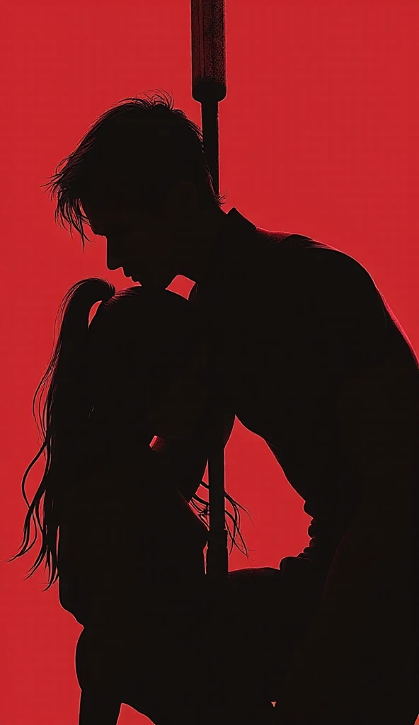 silhouette of a man and a dog in a room with a red light, in this ominous scene, silhoutte, dimly lit scene, against a red curtain, by Antonio Saura, reylo kissing, silhouetted, silhouettes, siluettes, poster shot, the kiss, drawn in a neo - noir style, inspired by Satoshi Kon