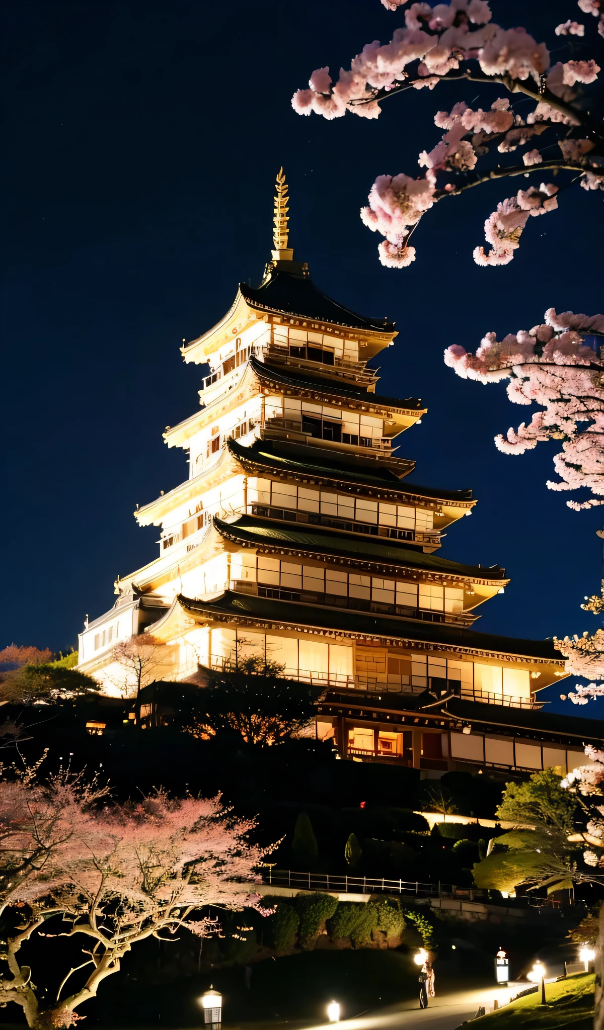  Japanese Castle、night、light up、The cherry blossoms are beautiful、masterpiece、Highest Quality、Excellent 