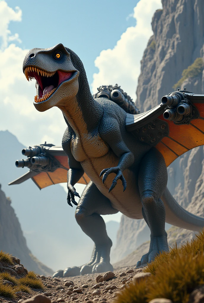 Create a hybrid dinosaur among several others, your body is of t-rex, chifres de triceratops, on the neck ankylosaurus spines, on the back stegosaurus spines, in the cause ankylosaurus ball, the spare throat and pterosaur wings.