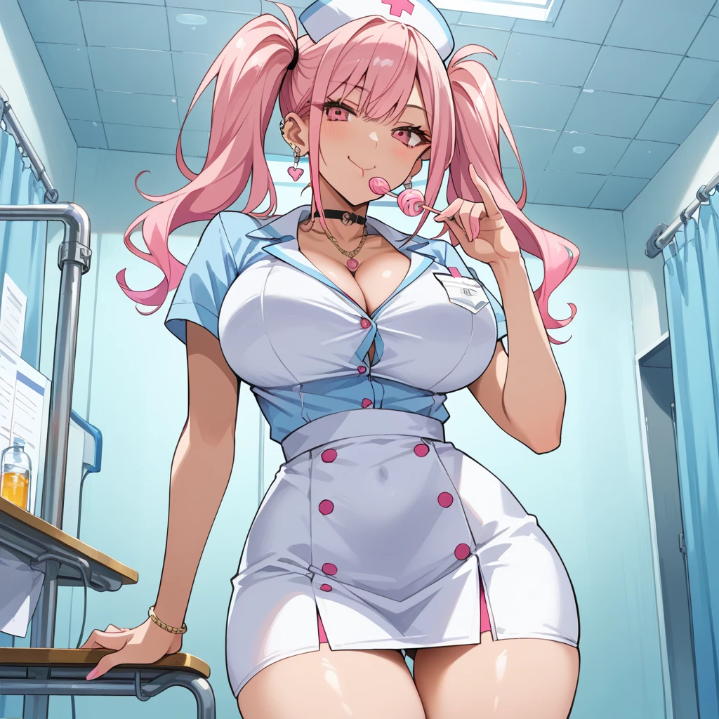 score_9, score_8_up, hypnotized, mesrmerized nurse presents her pussy, eppknursejoy, pink hair, blue eyes, long hair, large breasts, hair rings, bumper bangs, hat, dress, huge breasts, short sleeves, puffy sleeves, apron, puffy short sleeves, nurse cap, nurse, raised eyebrows, detailed eyes, empty eyes, detailed face, puckered lips, full lips, vivid lips, smile, huge breasts, breast expansion, wide hips, thick thighs, pretty woman, laying on desk, legs spread open, trimmed pubic hair, detailed pussy, wet pussy, contrast lighting, night
