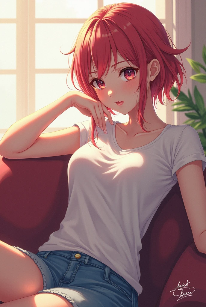 white t-shirt, blue shorts, absurdres, RAW photo, extremely delicate and beautiful, masterpiece, Best Quality, ultra high resolution, 32k, hyperrealistic, ultra-detailed, detailed description, pale skin, 20 years old, tearful mole, earring, short medium hair, wavy hair, whole body shot, Redhead, Red eyes,