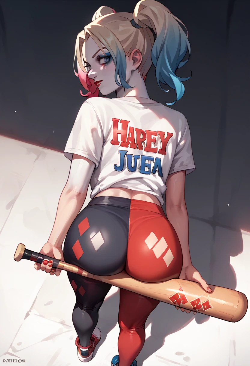 realistic,score_9, score_8_up, score_7_up, BREAK,
 ass support, female, harley quinn,With a baseball bat in his thigh
 