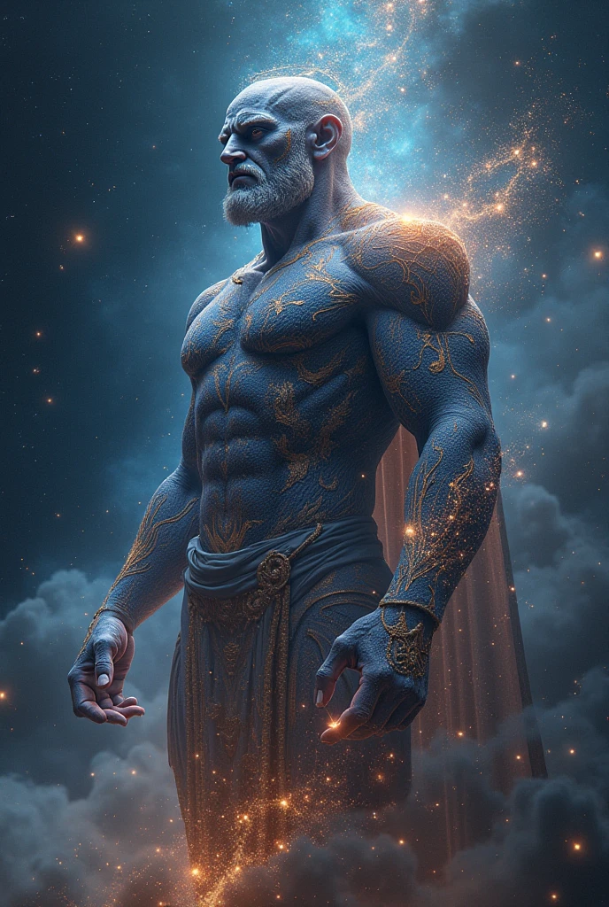 An imposing lion with humanoid body, ancient Greek style, full body, greek clothes bright eyes, ultra realistic photography, with blue nebula and purple background 8k, realistic texture, dynamic composition, Fujifilm XT2, 85mm F1.2, shutter speed 1/80, (bokeh), high contrast