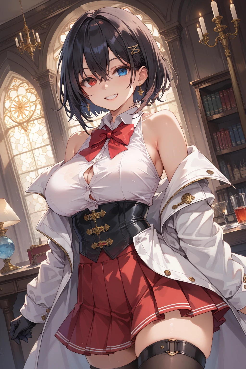 masterpiece, yor, 1girl, Amazing Cleavage:1.3, thin waist, big ass, Raised sexy, medium breast: 1.8 posed cleavage:1.2、solo, looking at viewer, open mouth, have a cup of coffee,black hair, red eyes, dress, bare shoulders, jewelry, collarbone, sidelocks, hairband, earrings, indoors, off shoulder, :o, sweater, arms behind back, plant, short hair with long locks, white hairband, off-shoulder dress, sweater dress, off-shoulder sweater, red sweater, big side hair, very long side hair,is rendered in (masterpiece: 1.2, best quality), with (ultra high resolution) and an exquisite (depth of field). This masterpiece is not only visually stunning but also tells, teach of cooking ,in the kitchen