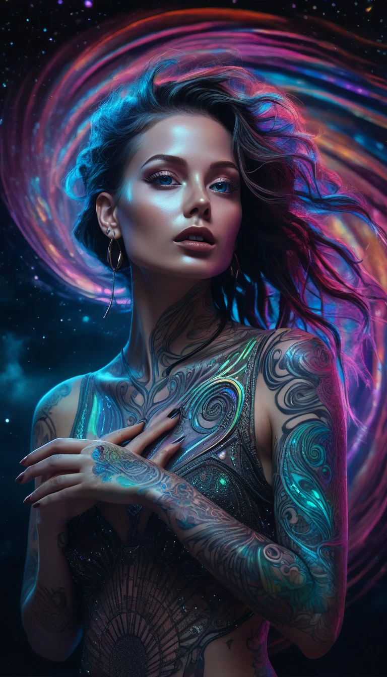 (style of richard deacon), formal wear android,1girl,a beautiful girl in a colourful dress with colourful intricate tattoos surrounded by colourful patterns,(Luminous burning hair:1.2), realistic fantasy, extremely detailed and beautiful , 8 k resolution,