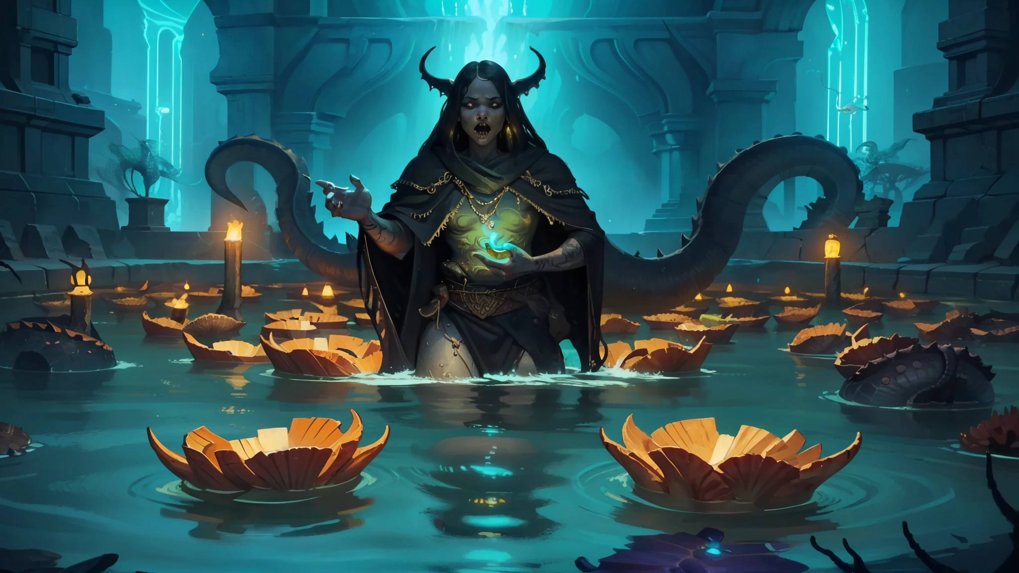 (dark and detailed digital art), The Marstrøm rituals are conducted in dark chambers where only bioluminescence guides the participants. Chants are sung in bold language, and aquatic dances accompany offerings made with Leviathan teeth or ancient octopus ink. Submerço, (High dark fantasy), (cinematographic quality), (obra-prima), bright colors and cities with shells and water everywhere.