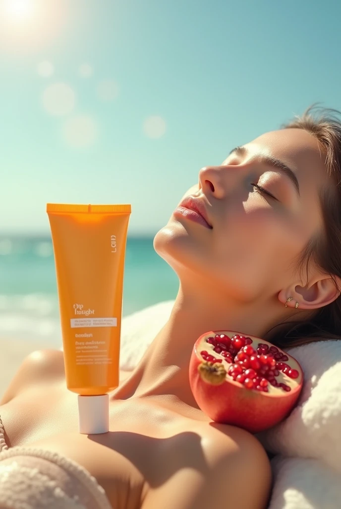 The woman is holding a tube of facial sunscreen.