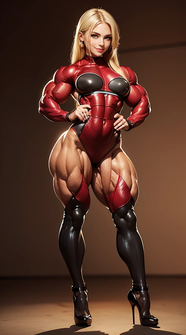 tmasterpiece,Burly woman,Exaggerated large muscles,latex suit,Pointed-toe heels,Beautiful face,ssmile,Full body like, Single female,Thin waist,Very broad shoulders, Strong and powerful arms,Strong and powerful leg muscles,thick calf,long leges