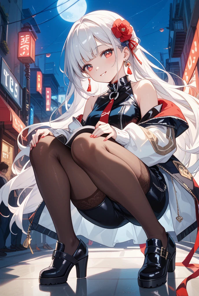 high resolution, best quality, 1girl, demon girl, office girl, white hair, big tits, very big tits, red dress, red heels GTScity, giantess, city, buildings,cars, tanks, perfect hand, perfect legs, perfect foots,