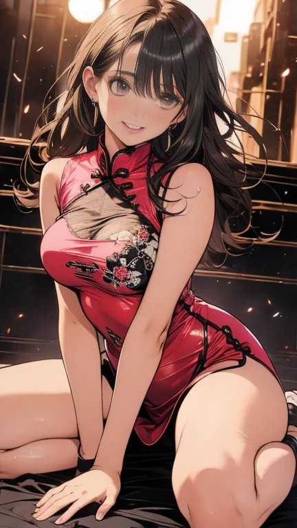 (Realistic:1.3), (photoRealistic:1.2), (highest quality), (Detailed skin:1.3), (Intricate details), 1 woman, 19 years old, Detailed skin texture, (blush:0.6), Scattered beneath the surface, ((smile)), Black Hair, Straight Hair, medium Long Hair, Calm hair, bangs, Hair between the eyes, Hair volume is low, Sparkling blue eyes, Lens Eye, Light reflection in the eyes, ((wink eye)), looking at the camera, hair ornaments, Wearing Chinese Dress, Skirt with a slit, ((one Side slit)), ((Red long Chinese Dress)), sleeveless dress, ((pink panty)), flower print dress, Clothes that open at the chest, she has two legs, Two arms, Five fingers, Two joints in the fingers, barefoot, angle from above, Crotch open posture, (Show me her vagina), (pussy), (Sitting on the stairs), ((Do not hide the crotch)), ((she spread her legs very wide)), slim legs, (pink g-string panty), thong, Clothes and panties are separated, Light source is above, ((Massage her boobs)), ((wide opened side breast)), Open-chested dress, (((Grasp her tits), cleavage of chest, (((palms under the boobs))),