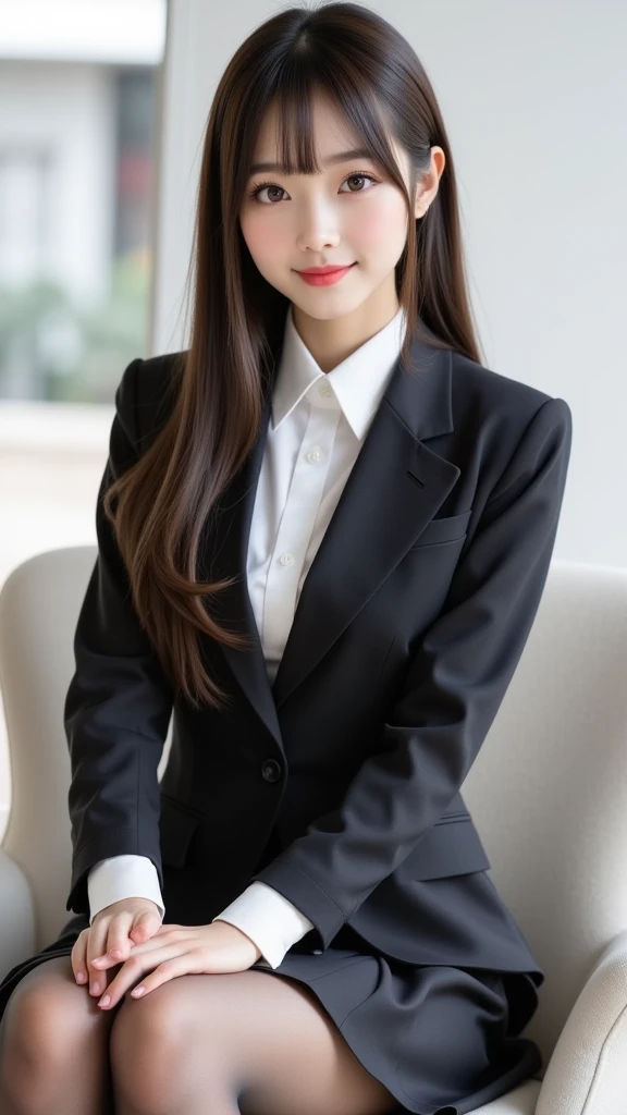 {{{masterpiece}}}, {{{best quality}}},{{only white background}}},1girl,, black hair, long hair, blazer, light smile, stocking, sitting on desk, crossing legs, best quality, amazing quality, very aesthetic, absurdres