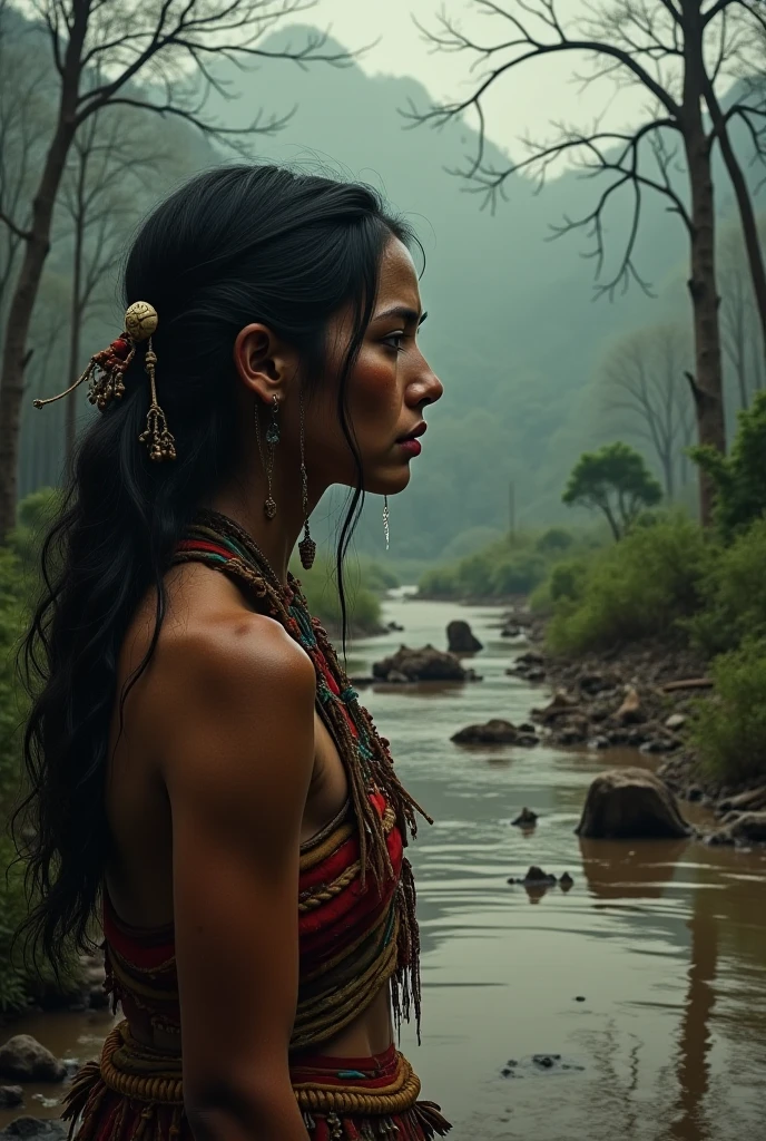 drawing of an indigenous crying because they destroyed the ecosystem, they felled the trees and contaminated their river