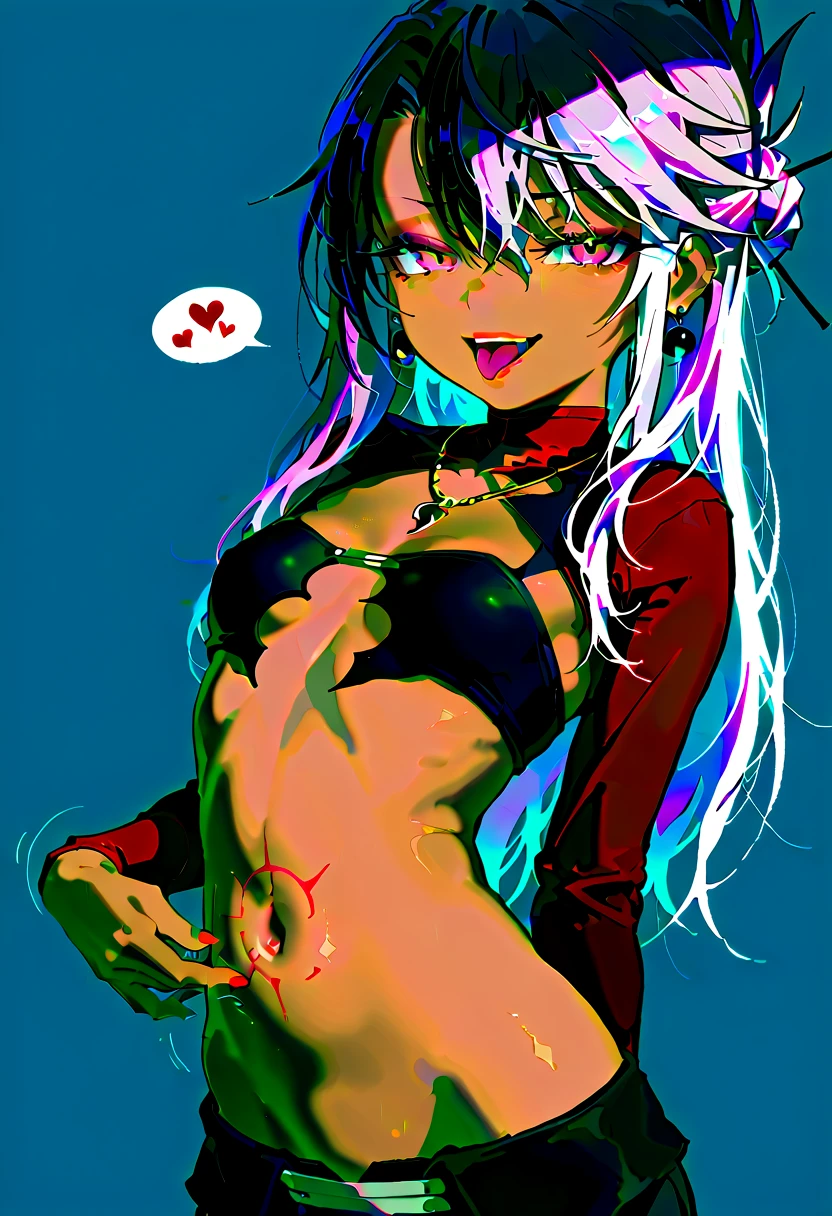 1girl, evil smile, red eyes, long hair, forehead, white hair, black choker, belly, medium breast, extreme micro bikini, stockings, black lipstick, black lipstick ear piercings, cowboy shot, armpits, lying bust up shot, thicc legs, wheatskin,