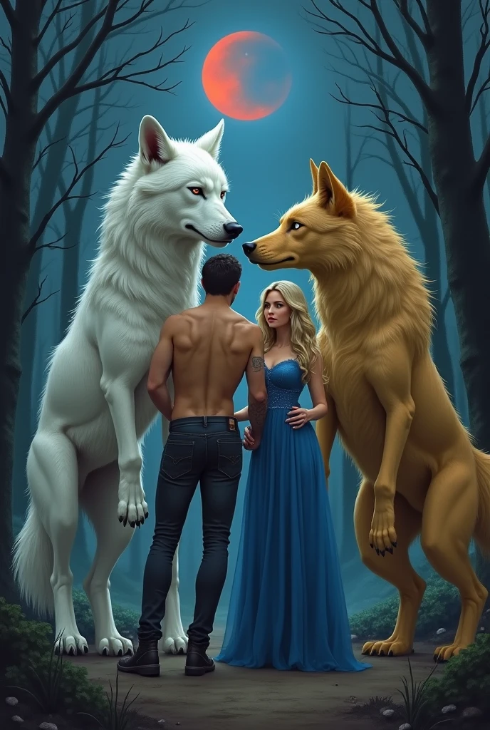 Generate a realistic image of a alpha male and female under a blue moon and a wolf howling wit wolf packs behind them