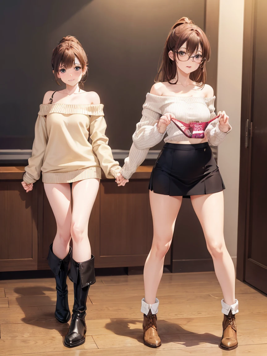 (((masterpiece, Highest quality, High resolution, 超High resolution, Perfect Pixel, Depth of written boundary, 4K, RTTX 10.0))), Beautiful Anime Woman, Beautiful art style, Anime characters, ((Smooth texture, Realistic texture, Anime CG Style)), Exact finger count、Exact number of legs、(Exact number of arms:1.0, Exact number of hands:1.0), (Perfect hands, Perfect Anatomy), Cinematic, Realistic, Extremely detailed CG, Daytime lighting, Perfect lighting, Best Shadow, The best natural light, whole body, Perfect body, バランのとれたPerfect body, Perfectly balanced style, Slender body, ((Long Hair, bangs, Reddish brown hair, ponytail)), ((A cute adult woman is holding her panties in both hands and showing them, holding panties, presenting panties:1.8)), ((Off-the-shoulder sweater, Checked mini skirt:1.3), (Knee socks, short boots:1.3):1.3), (Beautiful and big breasts:1), (Very embarrassed look:1.6), blush, (Stylish office, desk:1.3), Angle from the front, (Sexy and cute panties:1.45)
