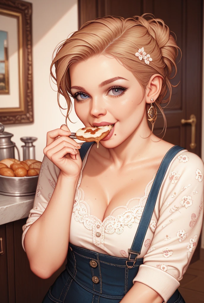 alicekiller,  smile, blonde, hairband, big breasts, blue strapped dress, white blouse, short puffy sleeves, red lips, sitting in a restaurant, eating a cupcake, red leather bench, BREAK <lora:AliceKillerIsDeadBF16_1:0.75>