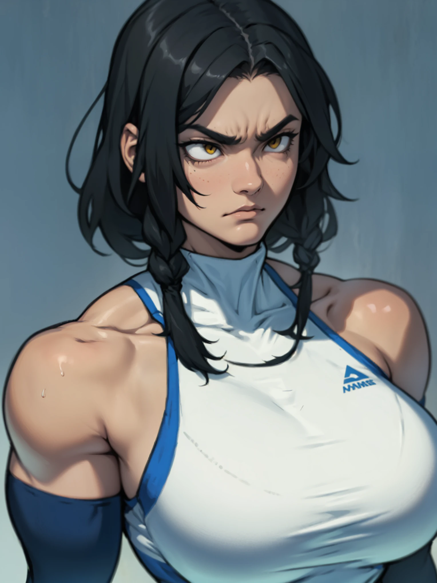 serious look sad empty eyes collant gymnast thick thick thick large breasts muscular girl black hair yellow eyes pale skin