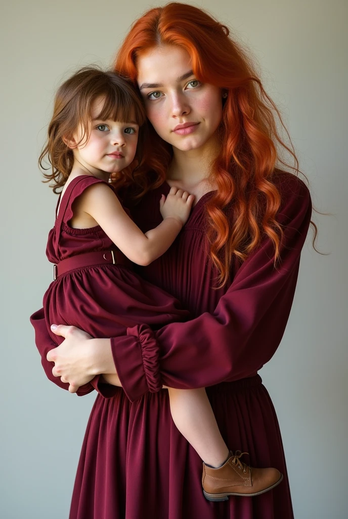 A RED-HAIRED WOMAN IN A DRESS HOLDING A BLACK BABY ON HER WHITE 4K ULTRA REALISTIC PHOTO