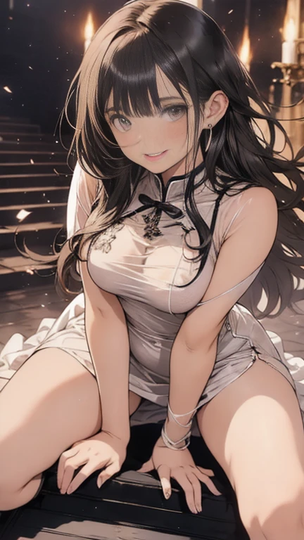 Masterpiece 1 Girl, Solo, Black Hair, White Dress, Cleavage, White Thighs, (Kneeling: 1.3), (Upper Arms), Bondage, Tightness, Rope, Binding, Blushing, Slender, Arm Up, Mouth Closed, Navel,