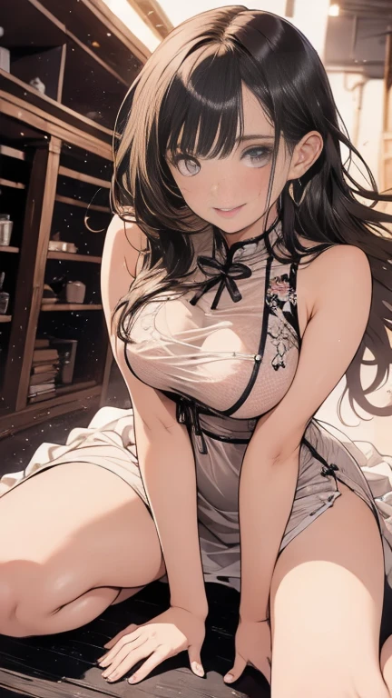 China dress、mature woman、big breasts、big ass、valley、underwear、panty shot、Low - Angle、troubled face、blush、slit