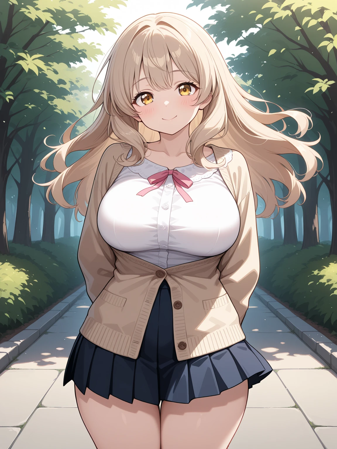 masterpiece, Highest quality, Simple Positive XLv2, Yuuki Asuna, One person,alone,Long Hair,View your viewers,Embarrassing,bangs,skirt,Brown Hair,shirt,Long sleeve,Brown eyes,Sitting,clavicle,Big Breasts,white shirt,Braiding,pleated skirt,Outdoor,Open clothes,collared shirt,belt,black skirt,bag,sweater,wood,coat,open coat,handbag,bench,park bench, 