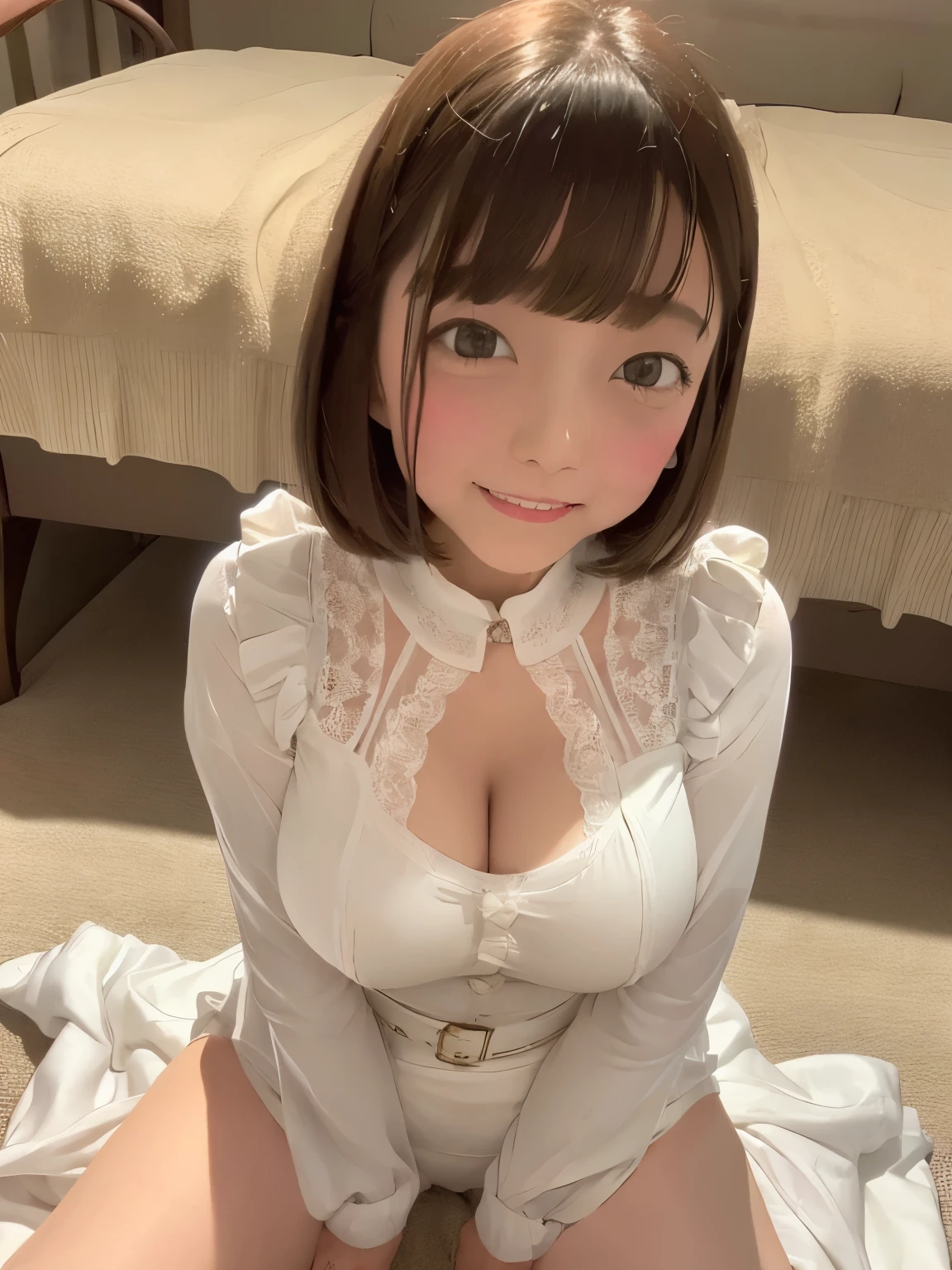 ((From directly below:1.3))、Inside the train、One person sitting in a seat、Strapless、Off-shoulder slit mini one-piece、Short Bob Hair、Medium breast、Beautiful legs、masterpiece:1.3、Raw photo quality、Highest quality、Detailed Images、Detailed Background、