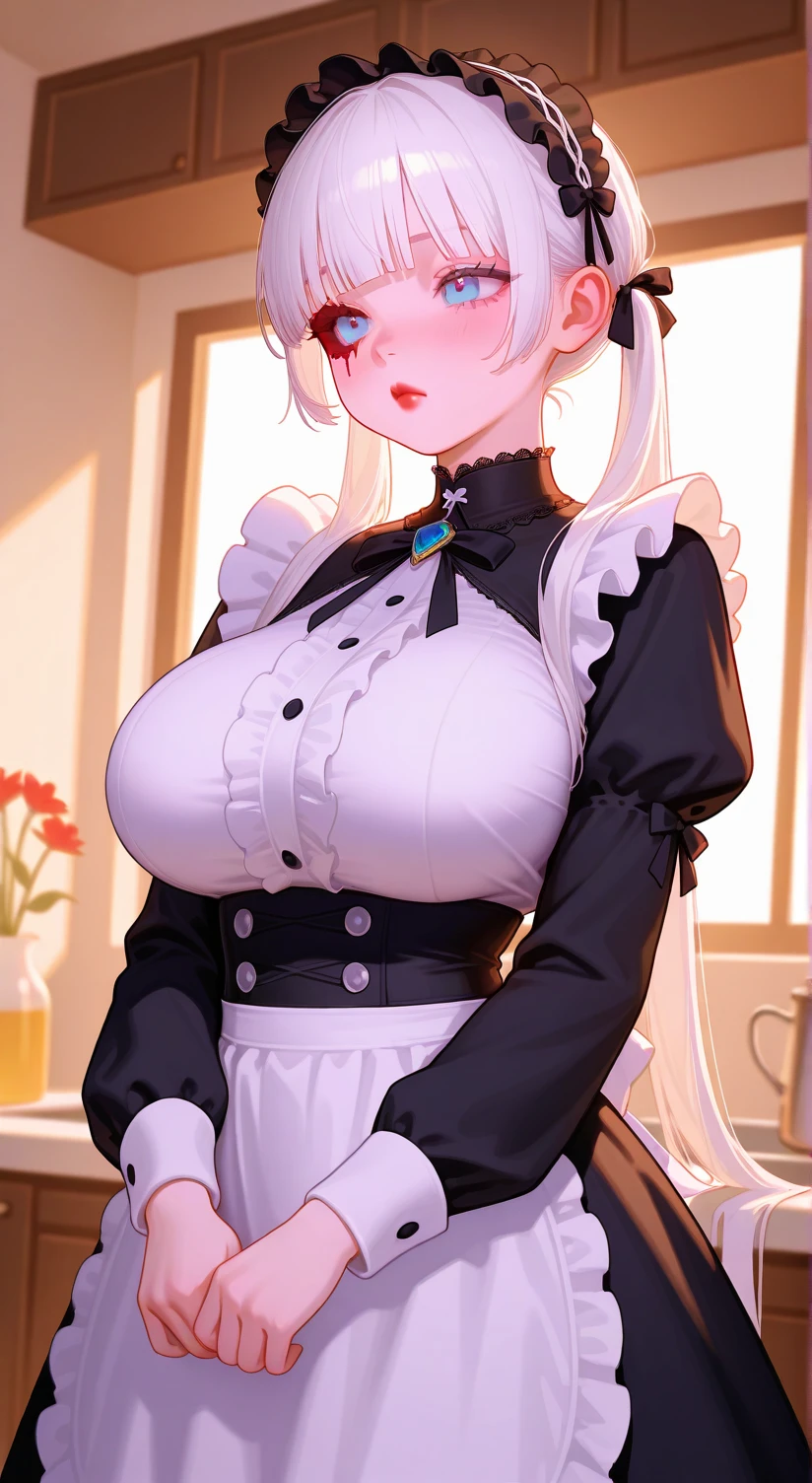 ((masterpiece, maximum quality, ultra quality, ultra high quality, maximum detail, well defined, 8k)), nsfw, 1 girl, ((detailed eyes)), ((bright pupils, heterochromatic pupils, right blue, left red )), long white hair, white cat ears, ((maid)), ((breasts visible, huge breasts, breasts exposed, nipples visible, topless)), serious expression, thong, looking at viewer, hands behind the back.