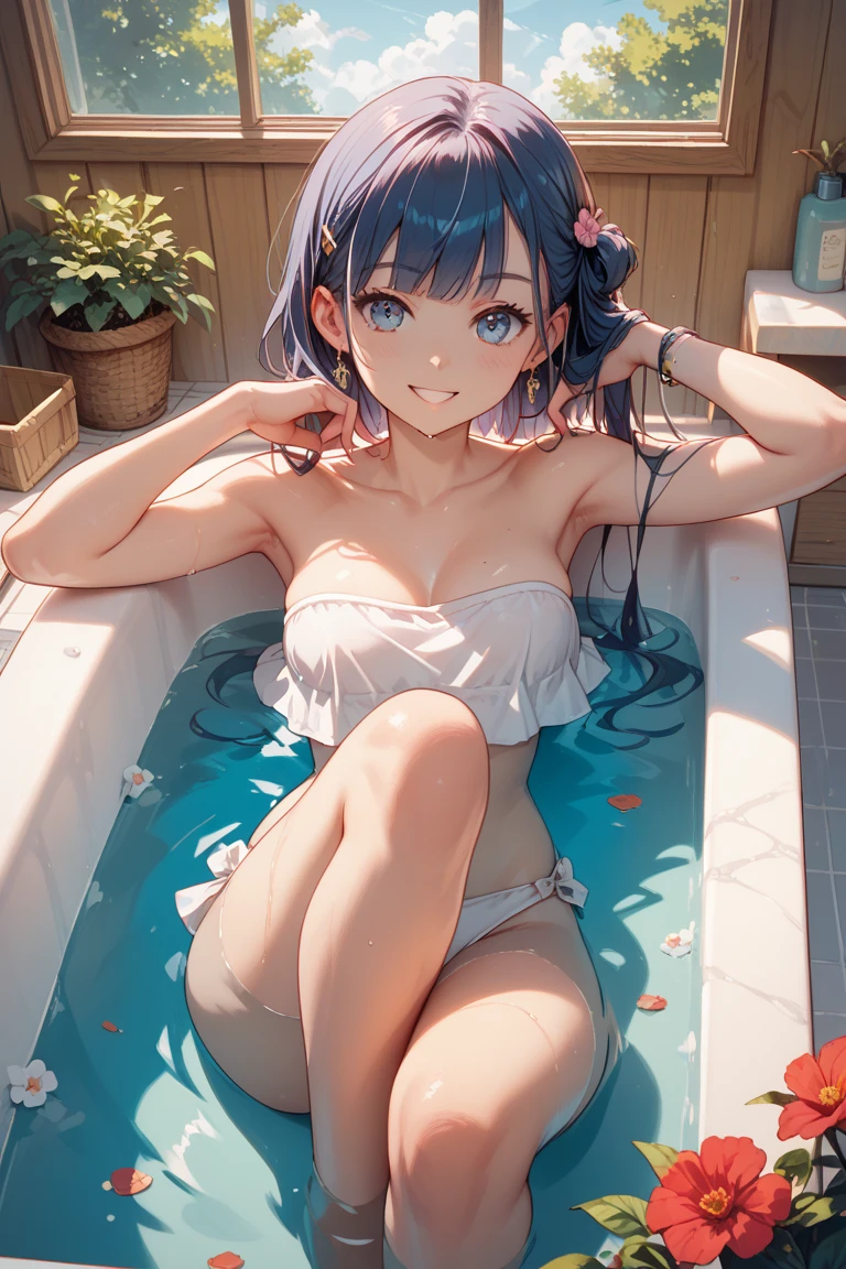 Detailed drawing。anime。Close-up。Bathing in the open-air bath。White main color、Japanese style。Blue hair updo girl。Completely naked、No bra、No underwear、White bath towel。smile。Prone