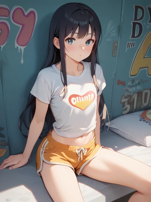 illustration, anime, beauty, nice young girl, black eyes, sexy girl, best quality, girl in a T-shirt sitting on the bed, 22 years old, Naked thighs!!!, posing in the bedroom, sitting on the bed, teasing, Sexy girl, 24 years old, dark hair, black shorts, knees to the sides, T-shirt raised to the chest, open belly , touches his breasts with his hands, fingers touch his chest, yellow wall behind,
