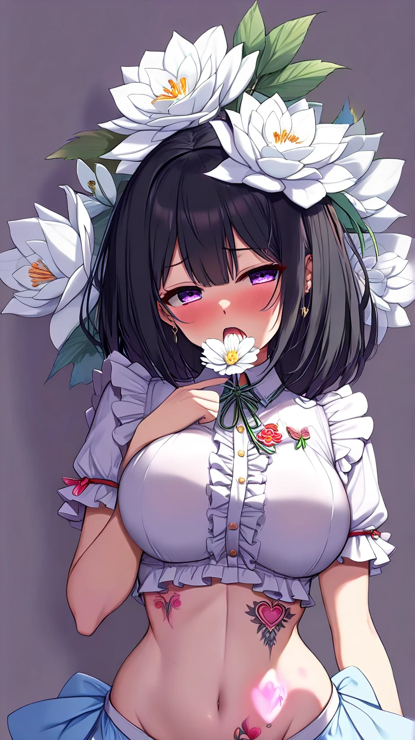 1 girl，Squat，Large off-shoulder T-shirt，White clothes with carrot pattern printed on them NSFW,Pink ribbon panties，Open hands，black hair，Bob&#39;s short hair reaches shoulders，Expression smile，Tilt your head，open mouth，Short skirt。looking at the front。