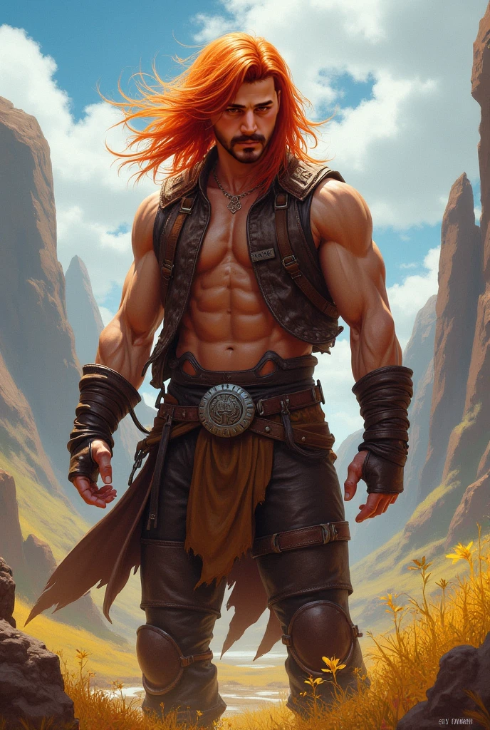 ((best quality)), ((masterpiece)), (detailed), Prize-winning works, with incredible details, maximum textures and details, uhd ,8k,super resolution ,depth of field, retina, masterpiece, 1 dark-skinned MALE RANGER on top of a mountain admiring and looking down at the valley below ,(he is 55 years old), (((he has dark skin))). lightweight armour ,he has long red hair,sunny day ,detailed shadows
