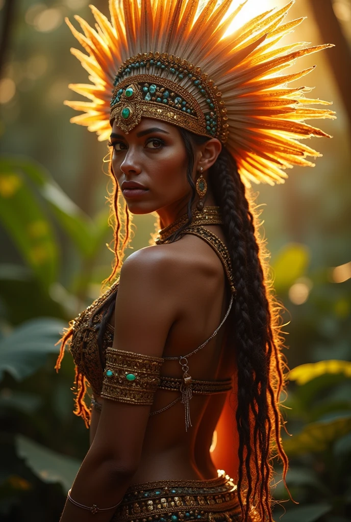 portrait of a beautiful woman, 40 years old. Of the tanned skin, cabocla, long black hair, straight at the height of the back, fringe of Amazonian India, headdress of feathers, western eyes, honey color, fluffy turned, ((big cheeks)), bathing to the natural, in a deep river and with transparent waters that show the silhouette of his submerged body, only with the head and neck out of the water,  between reeds, (backlit), realistic, masterpiece, high quality, brightness, shadow, flower, [[chromatic aberration]], by Jeremy Lipking, by Antonio J. Manzanedo, digital painting, Brazilian, 8k uhd,, forest, stones on the bank, river, wood, smoke, shadows, contrast, clear sky, style , (warm hue, warm tone)