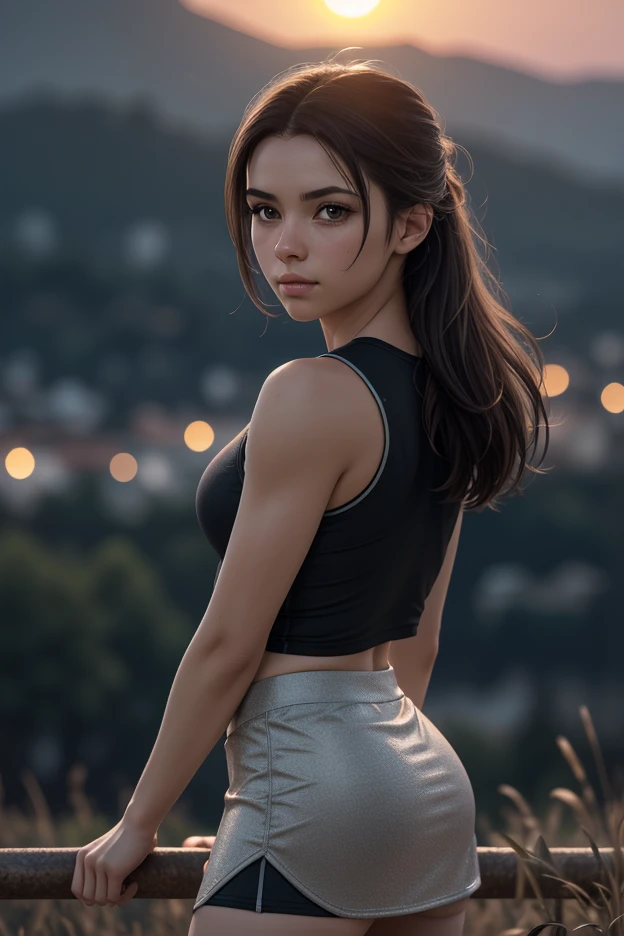 21-year-old, Russian race, European race, (Masterpiece, best quality, photorealistic, high res, photography: 1.3), close-up shot, sharp focus, black hair, hair bun, short hair, hot model, slim, Height 160cm, huge breasts, cute blush, smooth, mild smile, realistic skin, sexy hot face, erotic, sexual gaze, slim, sweat top, sweatshirt, loose shirt, T-shirt, stylish, skirt, extremely detailed hair, shiny lips, outdoor, ((vivid light, dynamic lighting, realistic, super realistic, realism, realistic detail, background mountains, buildings, evening, sunset