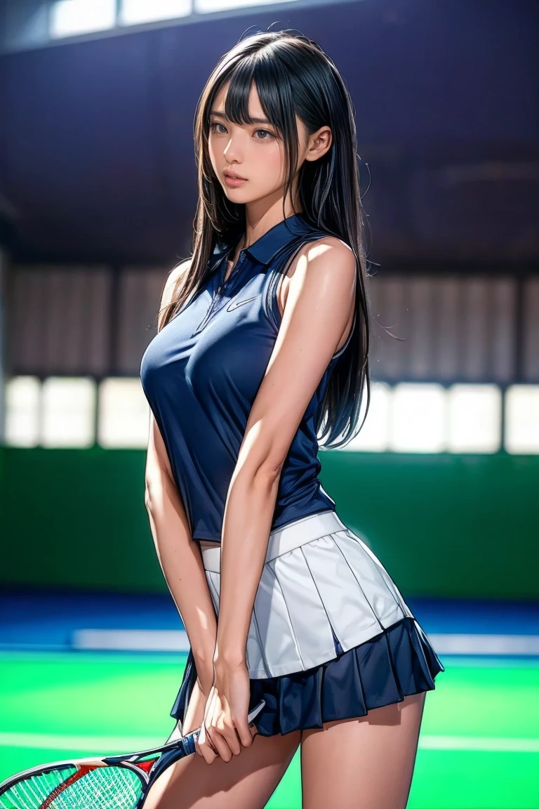((Wide Shot Photography, highest quality, High resolution, perfect pixel, 4K))), 1 girl, single, alone, beautiful woman、I could see the whole body、 ((Ultra Long Hair、wavy hair, bangs divided into left and right, Light blue hair)), ((brown eyes, big eyes、beautiful eyelashes, realistic eyes)), ((detailed face, blush:1.2)), ((smooth texture:0.75, realistic texture:0.65, realistic:1.1, Anime CG style)), medium breasts, dynamic angle, perfect body, (tennis wear, Shirts with short sleeve collar、pleated skirt), I can see your chest、(No bra、see through nipples、small nipples with pointed points,)、Tennis court、daytime、stick out your butt、sexy pose、Very embarrassing panic smile、、Belly button look、tennis ball、(blush:1.4)、