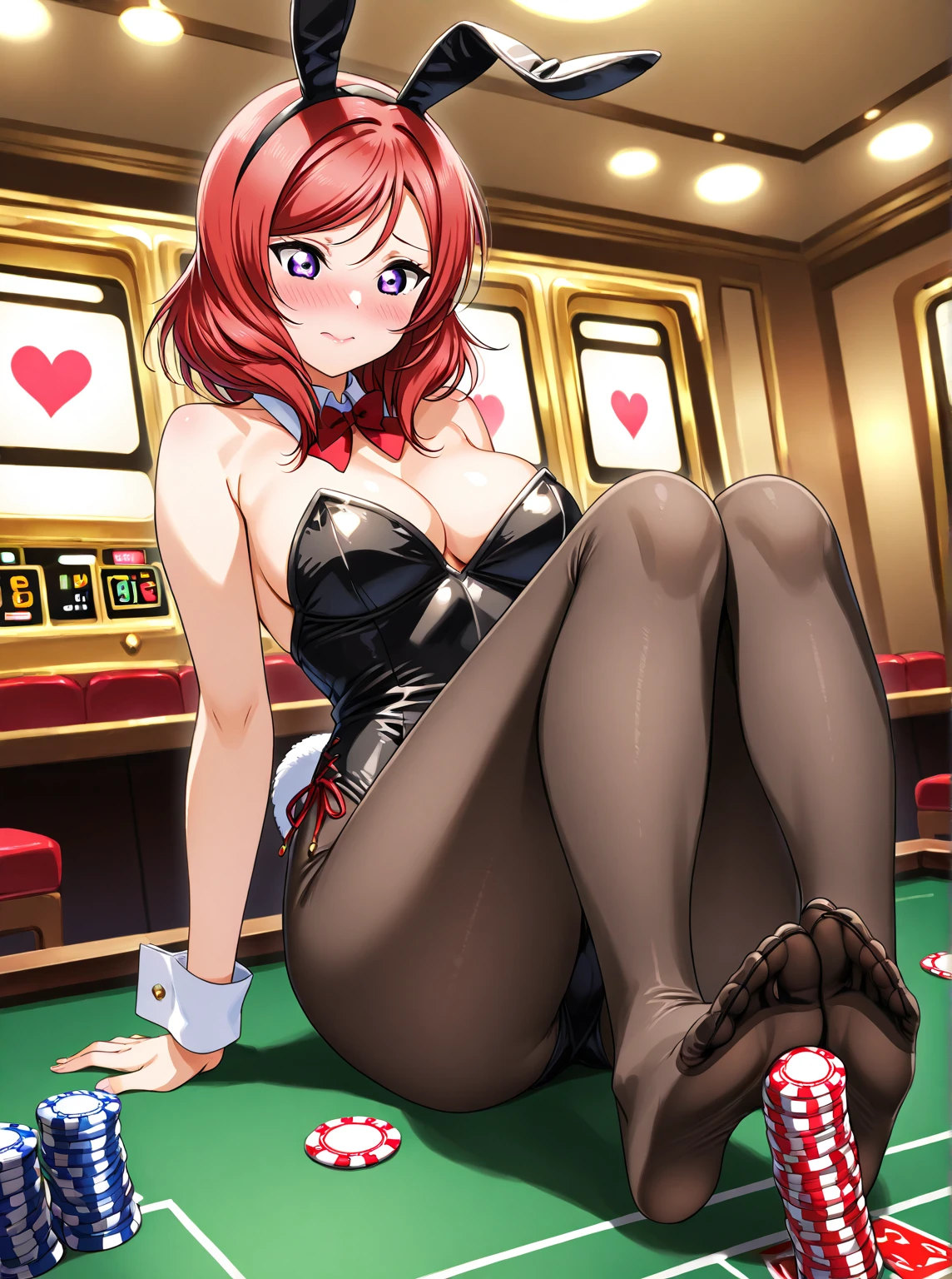 top-quality、Full limbs、complete fingers、1girl in、((one beautiful women、独奏))、Beautiful Large Breasts、Medium Hair、straight haired、Red hair、bunnygirl、(red bunny girl leotard)、(brown hair pantyhose)、Red bow tie、Red Bunny Girl Katyusha、casino、roulette、pokies、PlayingCards
