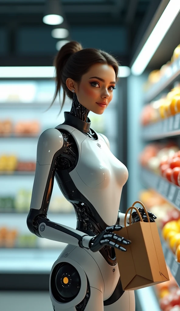 a photo of a stormtrooper woman hourglass figure, shopping at Whole Foods, carrying a shopping basket with multiple items in it, high resolution, beautiful, highest quality, masterpiece, highly detailed,nsfw,huge breast,huge butts,erect nipple,puffy nipples,cutout nipple,