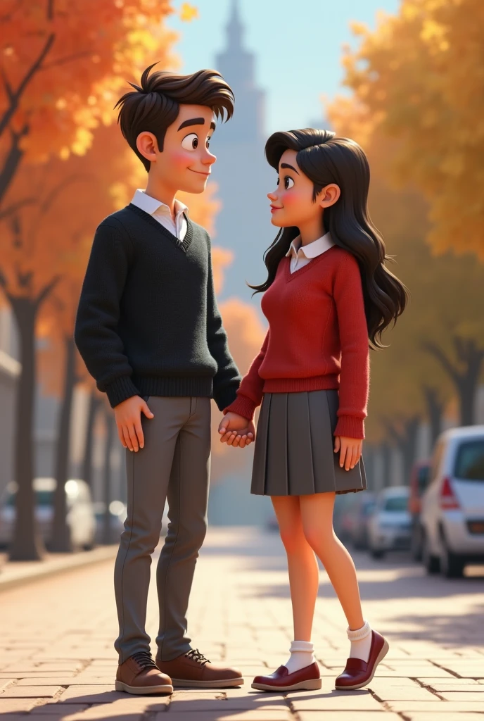 The pose shows two characters standing facing each other. The male character on the left, a blond, blue-eyed 13-year-old boy, is giving a thumbs-up gesture with his right hand, smiling confidently. The female character, a  on the right, has her left arm wrapped around the male character's arm while her right hand rests on her chin, with a thoughtful expression. Both characters are rendered in 3D using Blender, and are designed in a Pixar style. The male character is wearing a dark blue sweatshirt, blue jeans, and black shoes, and the female character is dressed in a blue sweatshirt, a plaid skirt, white tights, and black shoes. The background is a district school in Bogota, and the rendering is high definition, highly detailed, and high quality.