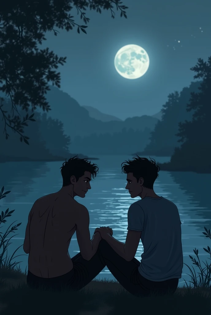 Two young adult gay couple in the woods on a full moon night. Shirtless and kissing. The dominant one skinny and tall and the dominant one shorter.