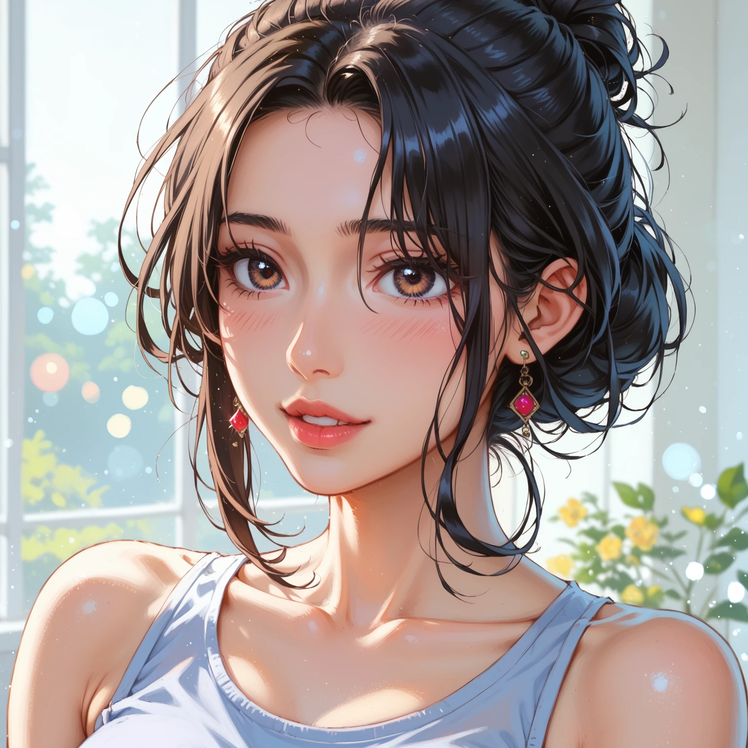 Highly detailed CG Unity 8k wallpaper, highest quality, Very detailed, Realistic, photo realistic, Very knowledgeable cute girl, Age 25, logic, Belly logic, Round eyes, audience, blush, Lips parted, Half Body Shot, Sportswear, Gym, Underarm, short hair, Underarm, masterpiece, textured skin, high details, 8k