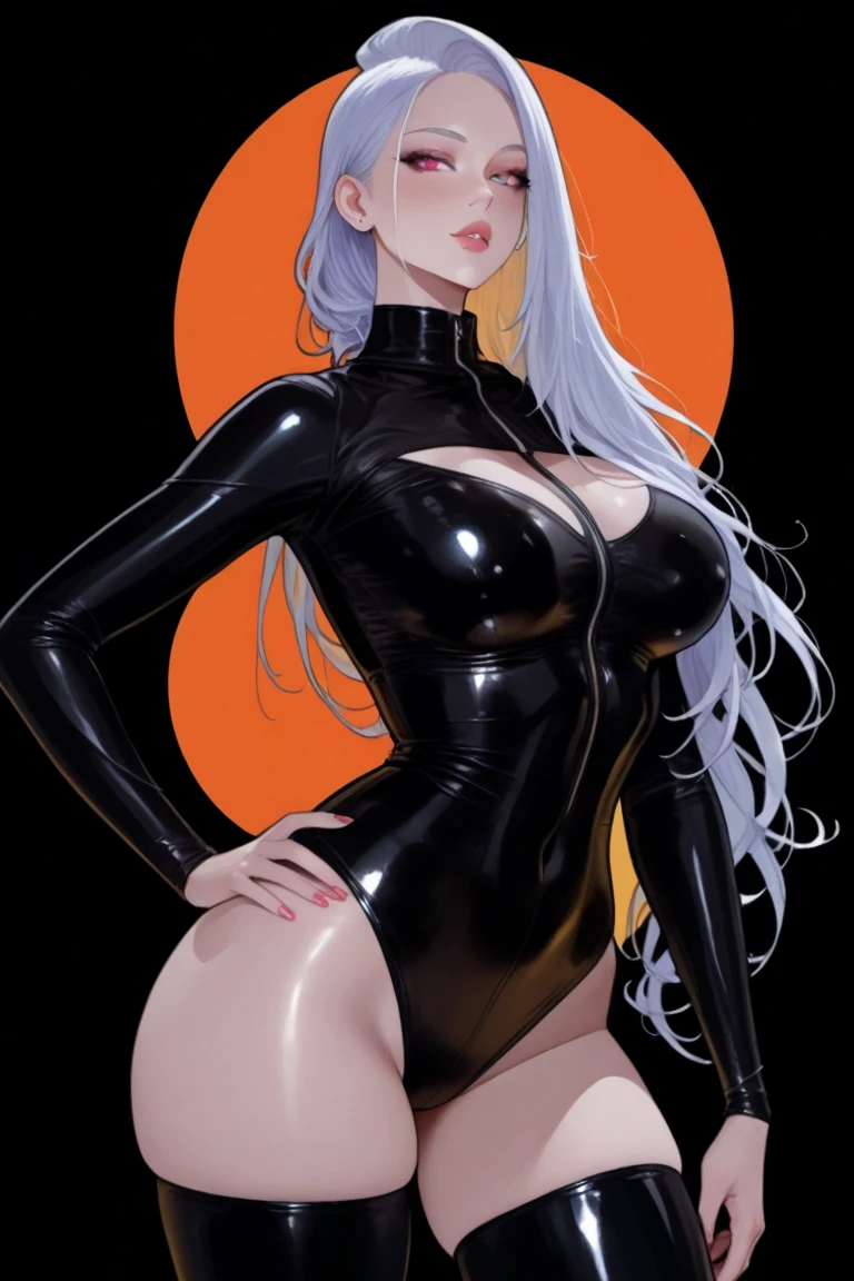 ((masterpiece, best quality, highest resolution, extremely detailed))
One supermodel wearing a bodysuit with the text saying (("LUNK 777"))) in bold letters, gigantic breasts, slight smile, jewellery, simple background, presenting breasts , sharp white outline , high contrast , colourful ,