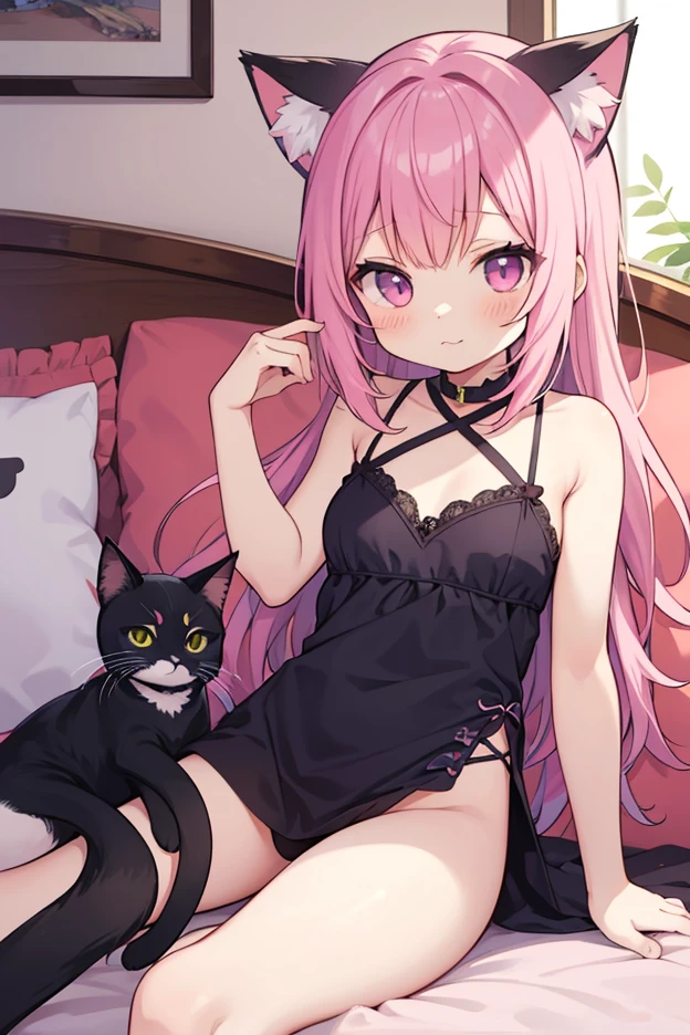 absurdres, highres, ultra detailed, (girl:1.3), (evil:1.3), (cat:1.3),  BREAK , watercolor style, soft blending, dreamy washes, delicate textures, evil smile, seductive smile, cat girl, anime, pink hair, bra, feet, panthies, calm, bed, white blanket, pink flowers, pizzo, white transparent, red enamel,