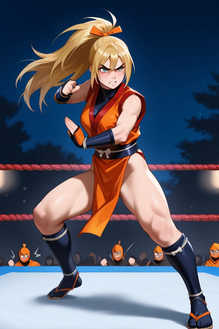 one girl.blonde,blue eyes.kickboxer.Doing a fighting pose