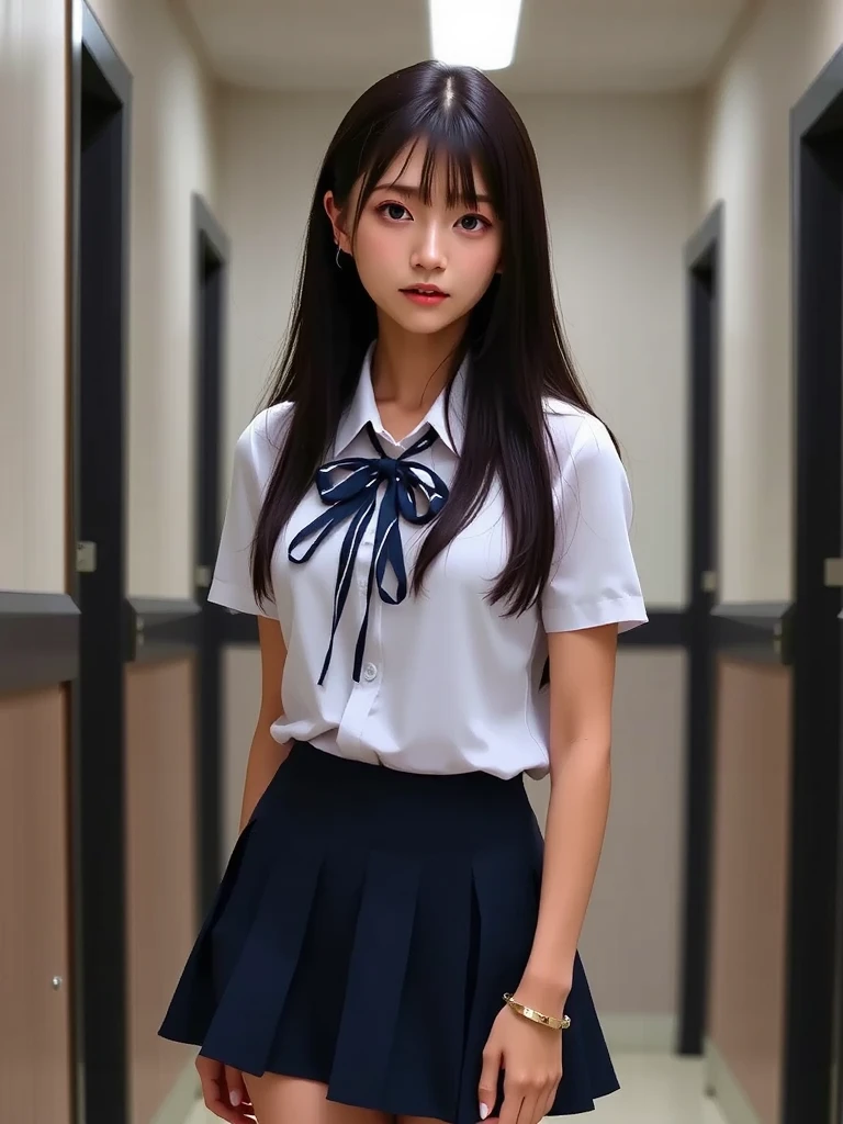 (masterpiece, highest quality:1.2), 8K, 15 years, 85mm, official art, RAW photo, Super slim beautiful slender girl, white dress shirt, cute face, close, Half body, Biolace, gardenia, beautiful girl, school uniform, (navy pleated skirt:1.1), cinch waist, thighs, short sleeve, Inside the train, Sit on a bench seat, looking at the viewer, no makeup, (smile:0.4), film grain, chromatic aberration, sharp focus, face light, clear lighting, Ten generations, detailed face, background bokeh, (Dark red tie:1.1)、((((((two girls))))))、((((((2High School Girl)))))