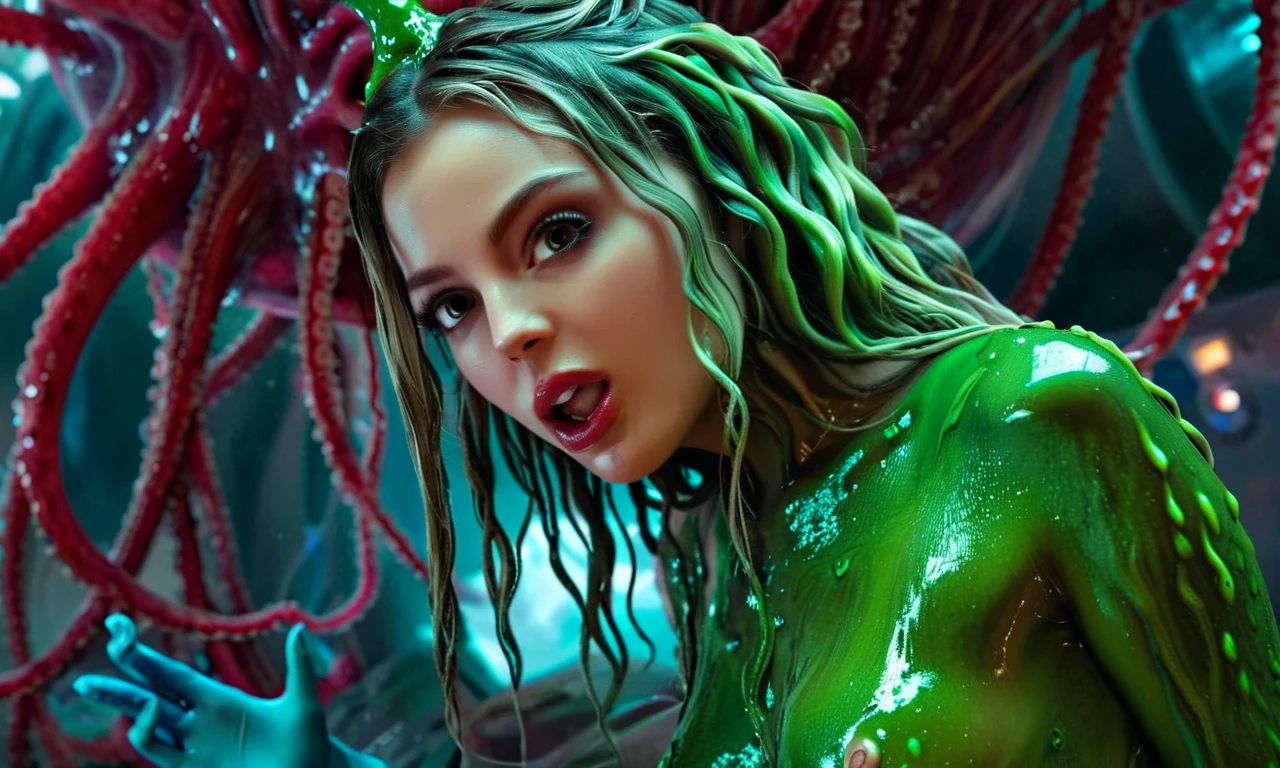 a pretty young woman (1 , 0, , nu, mesmerized expression, slime bikini ) is taken to a viscous tentacle chamber on an alien spaceship, where an alien doctor with many tentacles examines her and the probe , (Best Quality,4k,8k,high resolution,obra-prima:1.2),Ultra-detailed,(realista,photorealist,photo-realistic:1.37), highly detailed science-fiction scene , Cinematic lighting, dramatic camera angle, cores vibrantes, intricate textures, Supernatural atmosphere, surreal atmosphere, dark costume , digital art