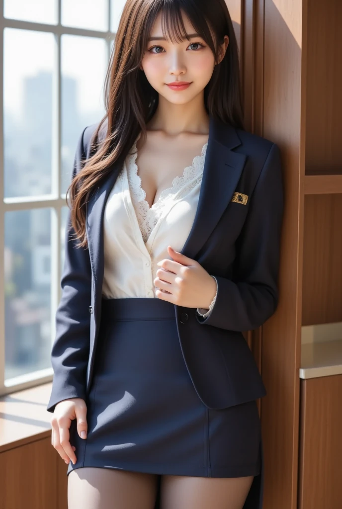 ((masterpiece:1.4))、((muste piece:1.4))、((hotel bedroom:1.4))、A woman with light brown hair is standing in a hotel lobby wearing a short black pleated skirt、((long hair girl:1.4))、very sexy costume, 厳格なWearing a suitいる、Stylish and glamorous cosplay, sexy costume, ファッションWearing a suitいる, Wearing a suit, dressed properly、黒色のタイトなWearing a suitいる, sexy look, suit、黒いWearing a suitいる、黒いWearing a suitいる、((smile:1.4))、