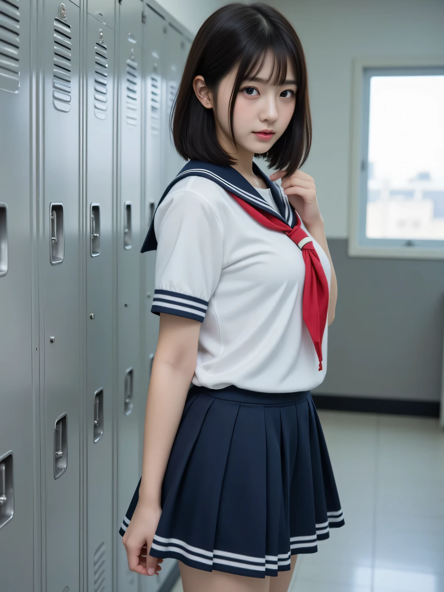japanese cute idol, Japanese cute girl, kawaii, a pretty woman is posing at the school locker's room , 1girl, solo, realistic, ((japanese school uniform:1.5)), nsfw, masterpiece, best quality, hyper detailed, insanely detailed, 16k, japanese , cute, kawaii, photorealistic, Realism, raw photo, real person , 1girl, solo, black hair, breasts, realistic, masterpiece, Best Quality, High resolution, detail hands, detail fingers, detail face, detail leg, perfect lighting, (1girl, solo, detail girl, 20years old girl), cute girl, (black hair, short bot cut, small breast), (school uniform, sailor suit), (morden, school, gray locker, locker room), (empty eyes, emotionless, open mouth, drooling, opening shirts, standing still, looking down, looking at floor)(back shot) hip angle school uniform, sailor suit, traditional Japanese style with navy blue and white colors, detailed ribbon and pleated skirt,